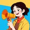 Smiling woman talking on megaphone, announcing message , cute simple anime style illustration