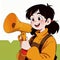 Smiling woman talking on megaphone, announcing message , cute simple anime style illustration