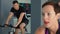 Smiling woman training on static bike at cycling class. Portrait fit woman on bicycle training in gym. Group athlete