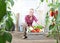 Smiling woman in vegetable garden with wooden box full of vegetables on white wall background with tools