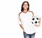 Smiling woman wearing football shirt with football