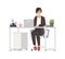 Smiling woman working at office. Female clerk dressed in smart clothes sitting in chair at desk with computer. Funny