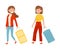 Smiling Women Walking with Luggage Bags in the Airport and Talking Waiting for the Flight Vector Illustration