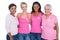 Smiling women wearing pink tops and breast cancer ribbons