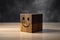 Smiling wooden cube with smiley face on wooden table. Ai generative