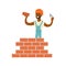 Smiling worker building a brick wall, colorful character vector Illustration