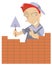 Smiling worker builds a brick wall illustration