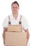 Smiling workman carrying boxes