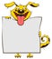 Smiling yellow dog holding blank white sheet of paper banner. Fun dog stick out tongue