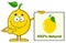 Smiling Yellow Lemon Fresh Fruit With Green Leaf Cartoon Mascot Character Pointing To A 100 Percent Natural Sign