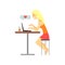 Smiling young blonde girl sitting at the table and sending love message. Online dating service or website concept. Love