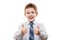 Smiling young businessman child boy gesturing thumb up success s