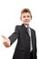 Smiling young businessman child boy gesturing thumb up success sign