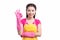Smiling young cleaning asian lady with pink rubber gloves showing ok sign with thumbs up over white