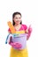 Smiling young cleaning asian lady with pink rubber gloves showing ok sign with thumbs up over white