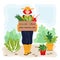 Smiling young gardener carrying a box of vegetables. Redhead girl in a hat holding chinese cabbage, onion and beetroot