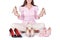 Smiling young girl presents four modern pairs of high-heeled shoes on a white background.