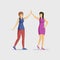 Smiling young girls giving high five flat vector illustration. Pair dance, women friendship, cheerful leisure together