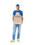 Smiling young male postal delivery courier man with delivering p