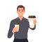 Smiling young man with coffee cups in cup offer drink to friend. Happy guy stretch hand with takeaway warm drink to camera