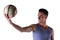 Smiling young man in tanktop holding soccer ball