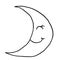 Smiling young moon. Hand drawing sketch. Black outline on white background. Vector illustration
