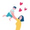 Smiling young mother throw up her baby. Woman lifting up little son. Happy Mothers day greeting card. Female character