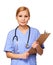 Smiling young nurse with stethoscope and clipboard isolated