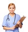 Smiling young nurse with stethoscope and clipboard isolated