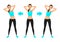 Smiling Young pretty woman make side bend exercise with hands behind head. Fit girl in leggings and crop top. Warm-up instruction