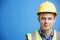 Smiling young white construction worker in hard hat