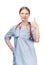 Smiling young woman in blue doctor\'s smock with red stethoscope