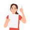 Smiling young woman hold blank poster card point up with finger. Happy girl with empty mockup placard show upward with finger