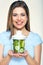 Smiling young woman holding blender with green smoothy ingredien
