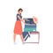 Smiling young woman packing clothes in suitcase ready to travel vacation vector flat illustration