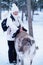 Smiling young woman stroking reindeer on back in winter Rovaniemi, Lapland, Finland