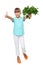 Smilinglittle girl showing fresh parsley and gesturing thumb up