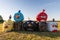 Smiltene municipality, Latvia - Juny 24, 2022: Hay rolls are made like characters from the game Angry birds