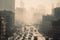 smoggy cityscape with towering smokestacks and heavy traffic