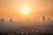 smoggy sunrise over polluted city skyline