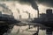 Smoke billowing from factory chimneys in a dystopian industrial landscape, with polluted water