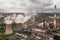 Smoke from chimneys of thermal power plant or station, aerial view from drone