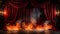 Smoke and Flames on a Theatre Stage with Red Velvet Curtains On Fire. Generative AI