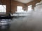 Smoke from fogging machine in a warehouse