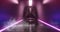 Smoke Foggy Sci Fi Modern Futuristic Room Alien Ship Empty Corridor Tunnel Neon Glowing Light Paths Purple Blue Background With