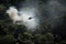 smoke from helicopter's engine fills the jungle as it flies past trees