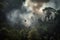 smoke from helicopter's engine twists through dense jungle canopy