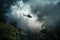 smoke from helicopter's engine twists through dense jungle canopy