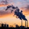 Smoke from the pipes against the sky at sunset, silhouettes of factory buildings and trees, industrial landscape