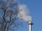 Smoke spews out of a chimney at an industrial plant near the trees